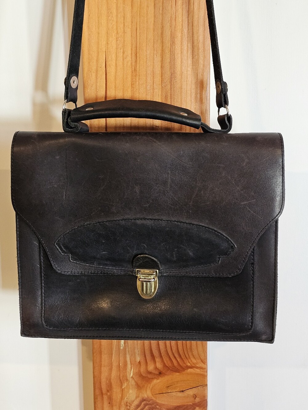 Vintage Black Leather Messenger Bag